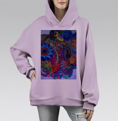 Яркий узор с синими и красными цветами переплетение форм живые цвета, Hoodie Mono Fiolet, оверсайз, утепленная