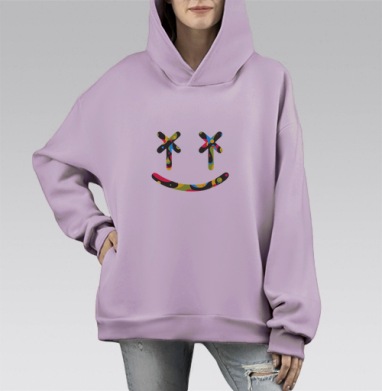 Яркое улыбающееся лицо с крестами в глазах на сером фоне, Hoodie Mono Fiolet, оверсайз, утепленная