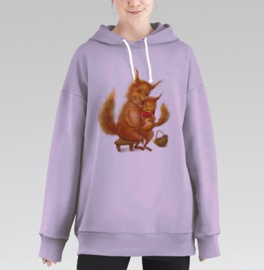 Заботливая мама белка с бельчонком на скамье, Hoodie Long Oversize Fiolet