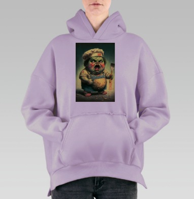 Зеленый злой ребенок повар в фартуке с лопаткой, Hoodie Oversize Fiolet, утепленная