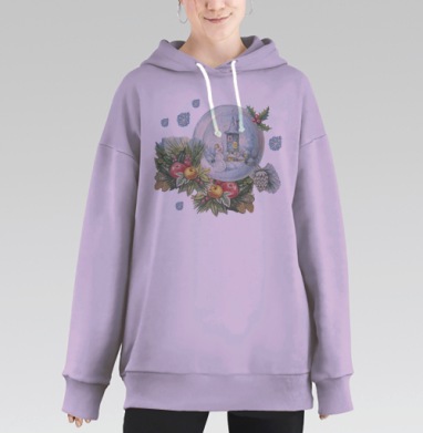 Зимние свечи домики ягоды ветви тихого вечера, Hoodie Long Oversize Fiolet