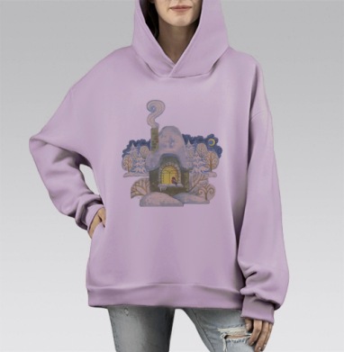 Зимний уютный дом с светом вечернего тепла, Hoodie Mono Fiolet, оверсайз, утепленная