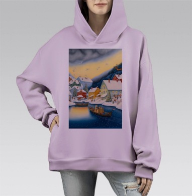 Зимняя деревня на реке лодки веселое настроение, Hoodie Mono Fiolet, оверсайз, утепленная