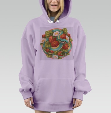 Змея с клубникой в зелёных листьях в ярких оттенках, Hoodie Mjhigh Dig Mel, Fiolet, утепленная