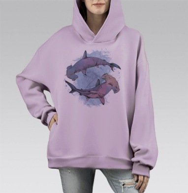Акварельные Монстры Акулы, Hoodie Mono Fiolet, оверсайз, утепленная