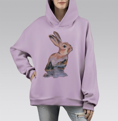 Акварельный кролик с горным пейзажем, Hoodie Mono Fiolet, оверсайз, утепленная