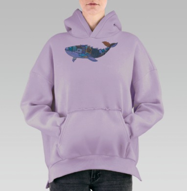 Акварельный механический кит в холодных оттенках с узорами, Hoodie Oversize Fiolet, утепленная