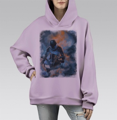 Байкер и мотоцикл в космическом дыму мотоцикл в космосе, Hoodie Mono Fiolet, оверсайз, утепленная
