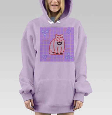Белый кот с красной обводкой на сиреневом фоне с цветами и сердцами, Hoodie Mjhigh Dig Mel, Fiolet, утепленная