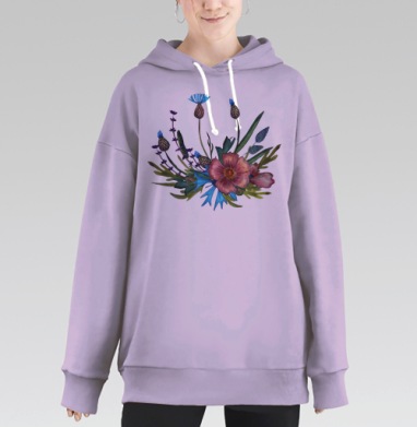 Букет васильков мальвы нежной зелени свежести, Hoodie Long Oversize Fiolet