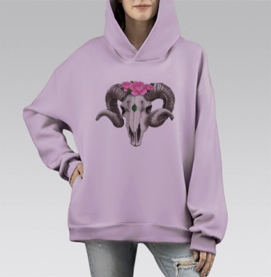 Череп животного с розами на рогах на фоне, Hoodie Mono Fiolet, оверсайз, утепленная