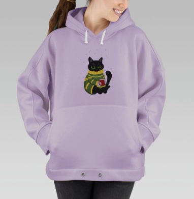 Чёрный кот в зелёном свитере с чашкой чашкой чашкой, Hoodie Oversize Fiolet