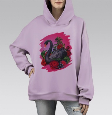 Черный лебедь в цветах, Hoodie Mono Fiolet, оверсайз, утепленная