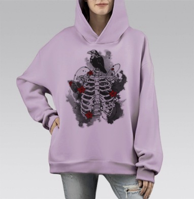 Черный ворон в графике, Hoodie Mono Fiolet, оверсайз, утепленная