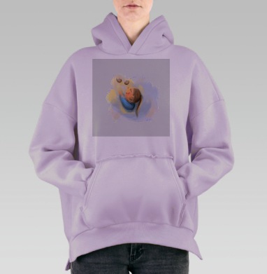 Девочка светло-голубая нежность птицы открытость мира, Hoodie Oversize Fiolet, утепленная