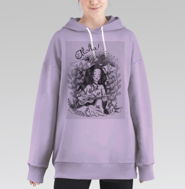 Девушка играет на гитаре среди листьев и птиц Aloha, Hoodie Long Oversize Fiolet