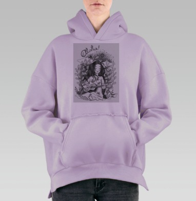 Девушка играет на гитаре среди листьев и птиц Aloha, Hoodie Oversize Fiolet, утепленная