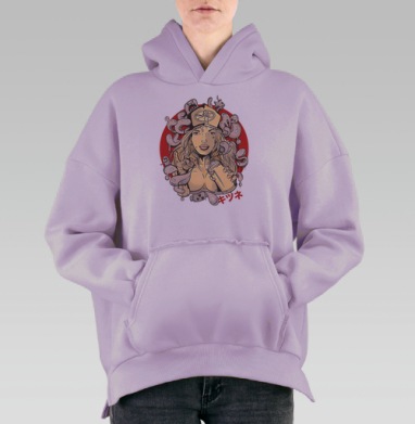 Девушка с баллончиком и мотивы Кицунэ в стиле уличного искусства, Hoodie Oversize Fiolet, утепленная