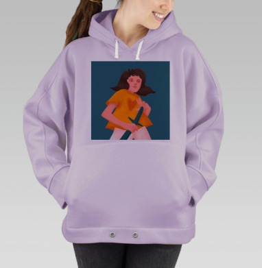 Девушка с мечом в оранжевой рубашке мощная сцена мечом, Hoodie Oversize Fiolet