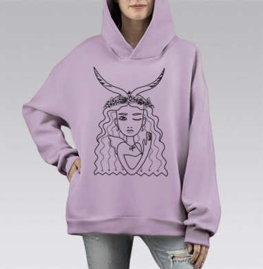 Минималистичный портрет девушки с мистическими рогами, Hoodie Mono Fiolet, оверсайз, утепленная