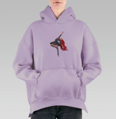 Девушка с ярко красными волосами танцует па в прыжке, Hoodie Oversize Fiolet, утепленная