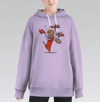 Девушка в русском костюме с пирожками и чаем поздравляет гостей, Hoodie Long Oversize Fiolet