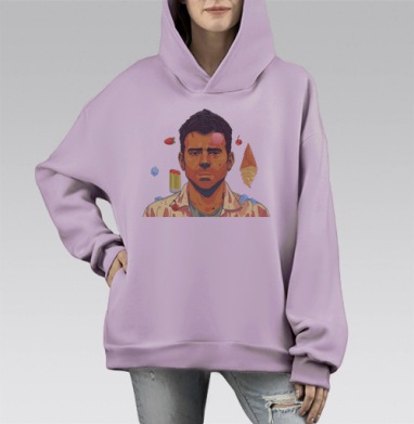 Сюрреалистичный портрет с летящими сладостями, Hoodie Mono Fiolet, оверсайз, утепленная