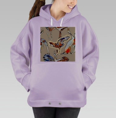Динамичные журавли в брачных танцах песочный цвет тренд года, Hoodie Oversize Fiolet