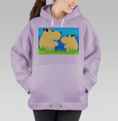 Два жёлтых медвежонка общаются на зелёной траве, Hoodie Oversize Fiolet