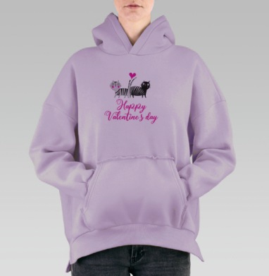 Два контрастных кота с сердцем к дню всех влюбленных, Hoodie Oversize Fiolet, утепленная