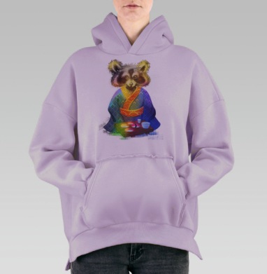 Енот в японском кимоно за столом суши, Hoodie Oversize Fiolet, утепленная
