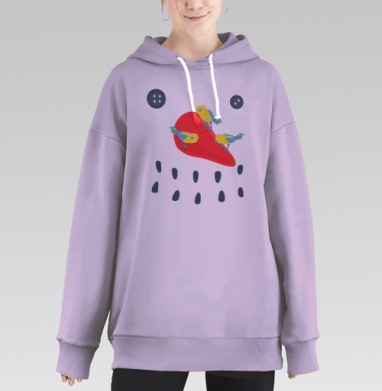 Желтые птицы на красном языке веселое лицо кнопки, Hoodie Long Oversize Fiolet