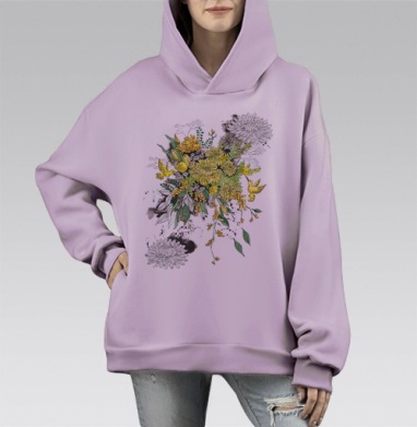 Желтые хризантемы, Hoodie Mono Fiolet, оверсайз, утепленная