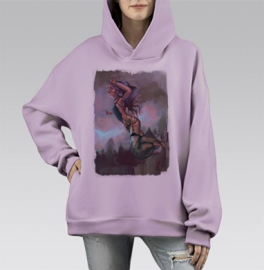 Женщина в полёте в холодно-тёплой гамме с золотыми акцентами, Hoodie Mono Fiolet, оверсайз, утепленная