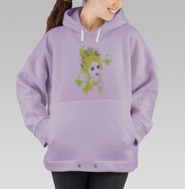 Женское лицо зелёные акварельные мазки и брызги, Hoodie Oversize Fiolet