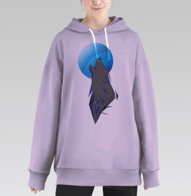 Геометрический волк воет на луну серый синий красный, Hoodie Long Oversize Fiolet