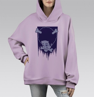 Голова с костями и мрачной иронией среди темного синего, Hoodie Mono Fiolet, оверсайз, утепленная