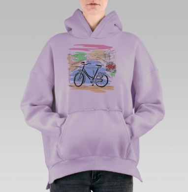 Городской велосипед на мосту с цветами на фоне, Hoodie Oversize Fiolet, утепленная