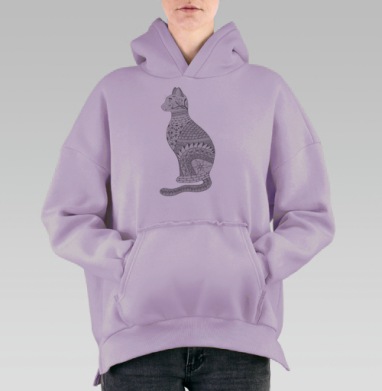 Графический силуэт кошки в узорах сидящая черно белая, Hoodie Oversize Fiolet, утепленная