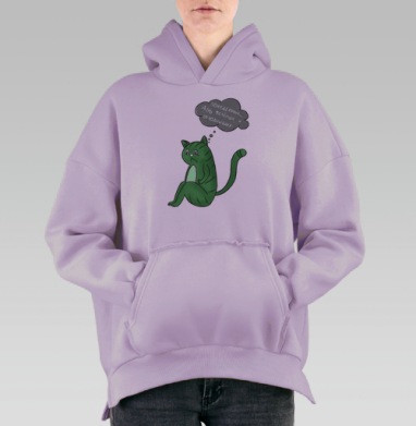 Грустный зеленый кот с надписью про понедельник и отдых, Hoodie Oversize Fiolet, утепленная