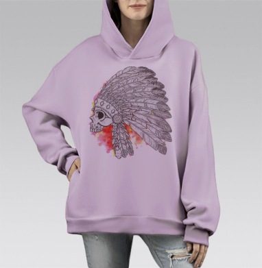 Индейский череп с перьями, Hoodie Mono Fiolet, оверсайз, утепленная