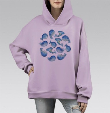 Акварельные киты в кругу гармонии и мира, Hoodie Mono Fiolet, оверсайз, утепленная