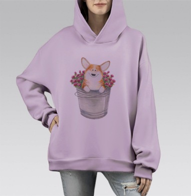Корги и розы, Hoodie Mono Fiolet, оверсайз, утепленная