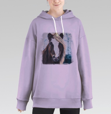 Коричневая лошадь с белой гривой зимний пейзаж, Hoodie Long Oversize Fiolet