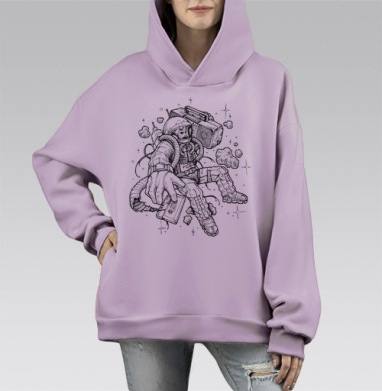 Космонавт с кассетой в космосе расширяет музыкальные горизонты, Hoodie Mono Fiolet, оверсайз, утепленная