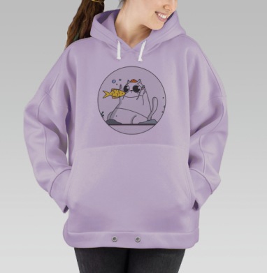 Кот ловит золотую рыбку забавная сцена на сером фоне, Hoodie Oversize Fiolet