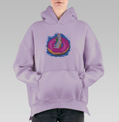 Котенок на плавательном пончике расслабленно пьет коктейль, Hoodie Oversize Fiolet, утепленная