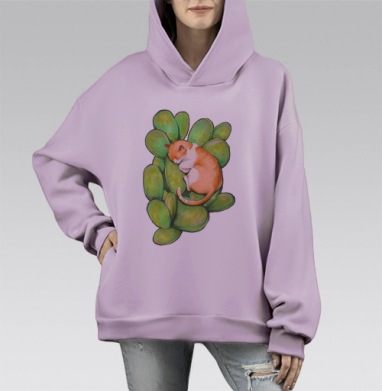 Котик в кактусах, Hoodie Mono Fiolet, оверсайз, утепленная