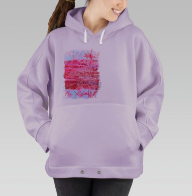 Красно розовый флористический узор на сером фоне, Hoodie Oversize Fiolet