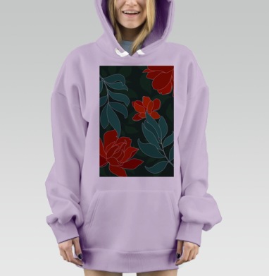 Красные цветы и сине зеленые листья на темном фоне, Hoodie Mjhigh Dig Mel, Fiolet, утепленная